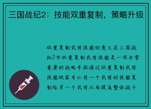 三国战纪2：技能双重复制，策略升级